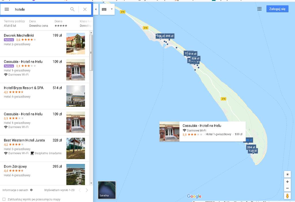 Jest to bardzo przydatna funkcja gdy planujemy wyjazd w nieznane nam miejsce. Wybieramy się na Hel. Chcemy zorientować się jakie są tam hotele i ile kosztuje w nich doba.
