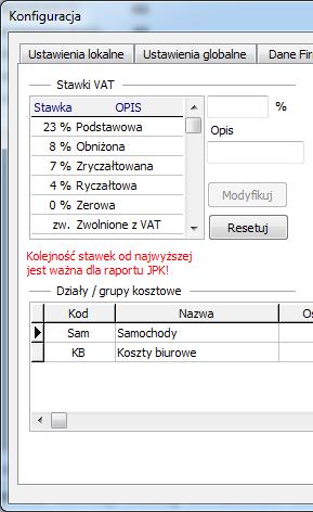 Ustawienia księgowe Stawki VAT W zakładce tej można określić obowiązujące stawki VAT. Nie można modyfikować stawki zw. zwolnienie z podatku VAT.