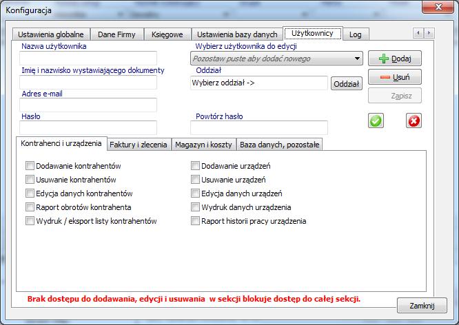 Użytkownicy programu i ich uprawnienia Program pozwala na tworzenie kont użytkowników, którzy mogą z niego korzystać. Zaleca się, aby pracownicy posiadali własne konta tzn.