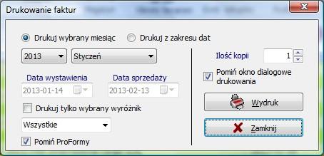 Aby wydrukować rejestr sprzedaży z danego miesiąca na tabeli faktur kliknij prawym klawiszem myszy i z menu wybierz Ewidencja sprzedaży i wybierz ewidencję, którą chcesz wydrukować.