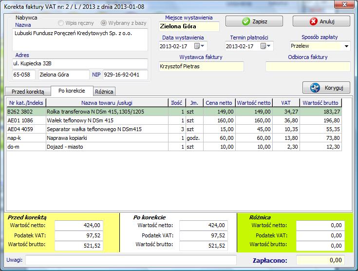 Faktura VAT korekta Czasami istnieje konieczność skorygowania wcześniej wystawianej faktury pod względem ilości lub wartości sprzedanego towaru czy usługi. Należy wówczas wystawić fakturę korygującą.