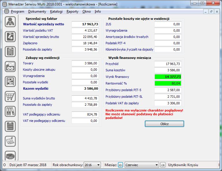 Rozliczenie wynik finansowy Program umożliwia szybki pogląd na przybliżony wynik finansowy danego miesiąca.