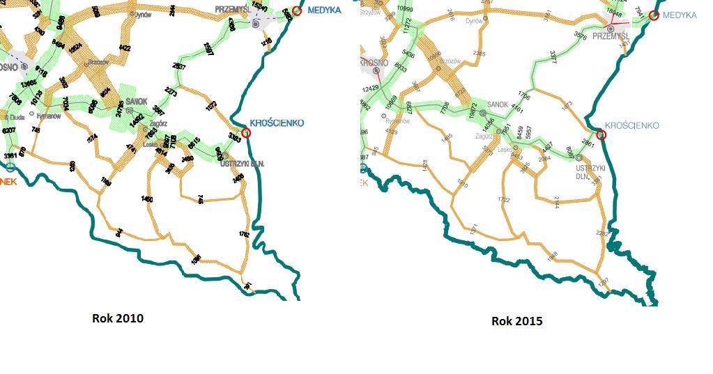 Rys. 5 Porównanie ruchu drogowego na drogach wojewódzkich w latach 2010 i 2015 źródło GDDKiA Na terenie powiatu sanockiego widoczny jest wzrost liczby pojazdów pomiędzy latami 2010 i 2015.