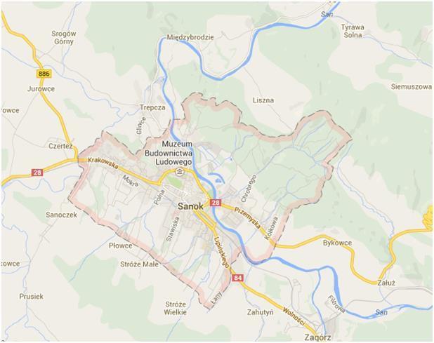 Rys. 6 Miasto Sanok Sanok to miasto położone w północnej części powiatu sanockiego. Sąsiaduje z gminami Sanok oraz Zagórz. Miasto zajmuje obszar 38 km 2, który zamieszkuje 37 980 mieszkańców.
