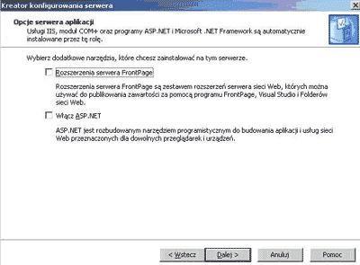 Dokonaj instalacji IIS opublikuj stronę internetową z pierwszych zajęć Ukaże się kreator konfigurowania serwera i klikamy przycisk Dalej-->. Następnie wybieramy Serwer aplikacji (IIS, ASP.