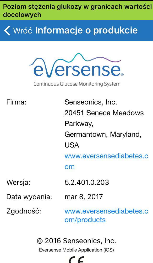Ekran INFORMACJE O PRODUKCIE zawiera informacje dotyczące wersji aplikacji mobilnej oraz firmy Senseonics, Inc., producenta systemu Eversense XL CGM.