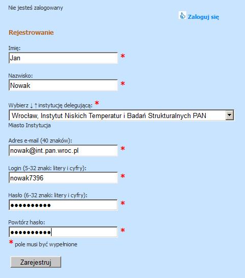 Proszę wybrać: Zarejestruj się 3. Po wejściu na stronę rejestracyjną proszę wpisać wszystkie niezbędne dane. Nazwę instytucji proszę wybrać z listy.