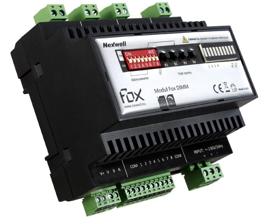 2 Opis ogólny Zastosowanie Opis urządzenia Moduł Fox Dimm posiada 4 wyjścia ściemniacza z możliwością parowania w konfiguracji 1, 2 i 4.