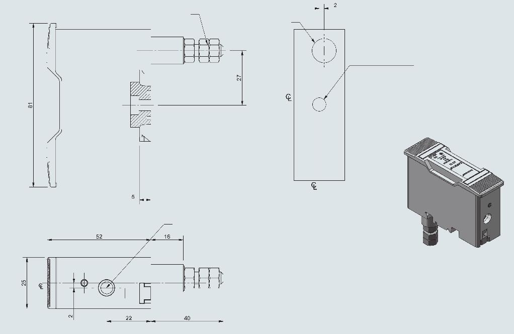 Safeclip SC63, 63 A, 550 V AC 63 A, przyłącze od przodu Otwór na śrubę mocującą M5 Dwa