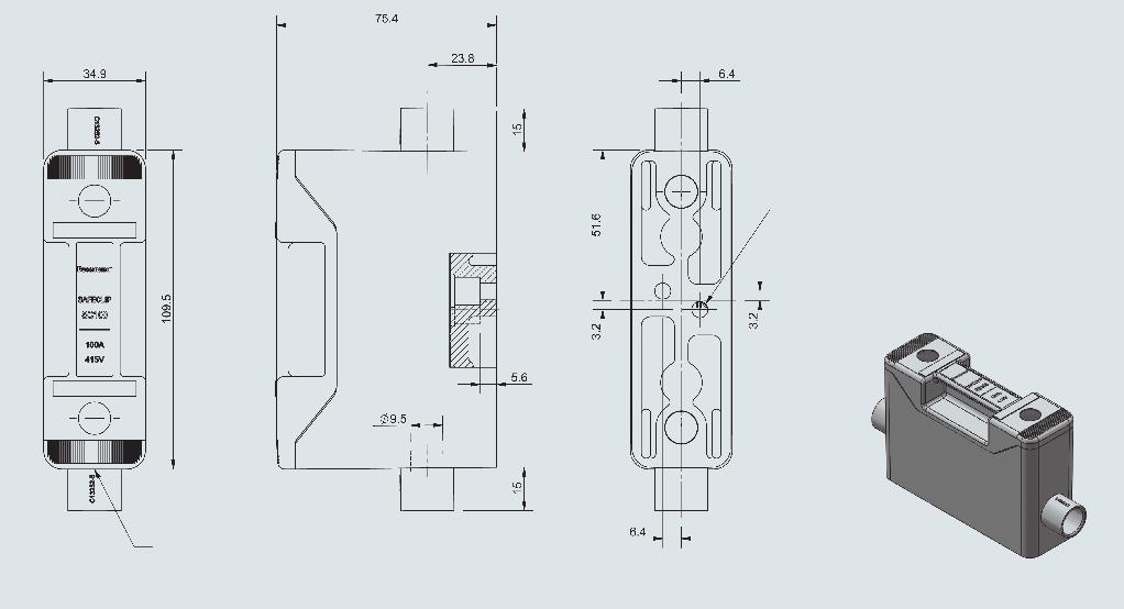 Seria Safeclip SC100H, 100 A, 550 V AC 100 A, przyłącze od przodu Dwa