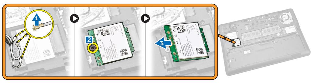Wymontowywanie karty sieci WLAN 1 Wykonaj procedury przedstawione w sekcji Przed przystąpieniem do serwisowania komputera.