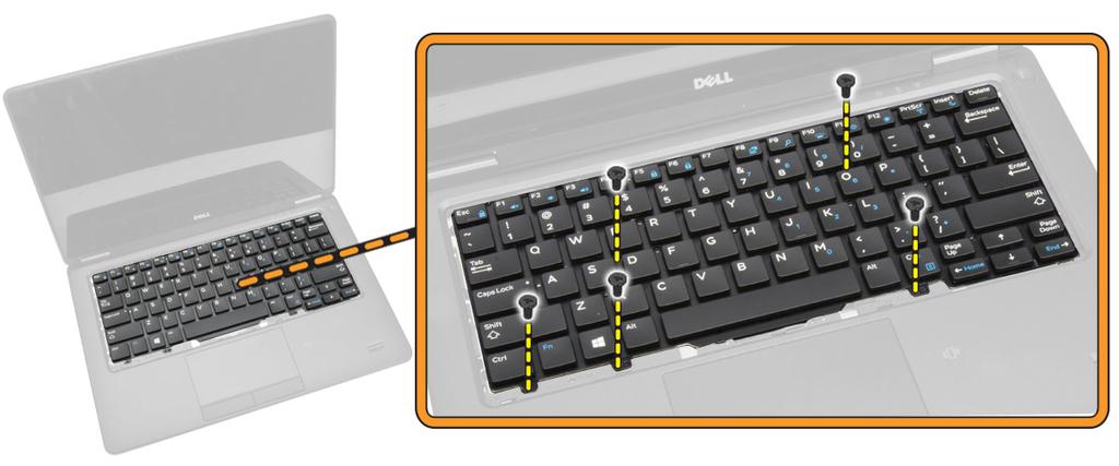 5 Wykonaj następujące czynności zgodnie z ilustracją: a Podważ klawiaturę, aby ją uwolnić z komputera [1]. b Wyjmij klawiaturę z komputera [2].