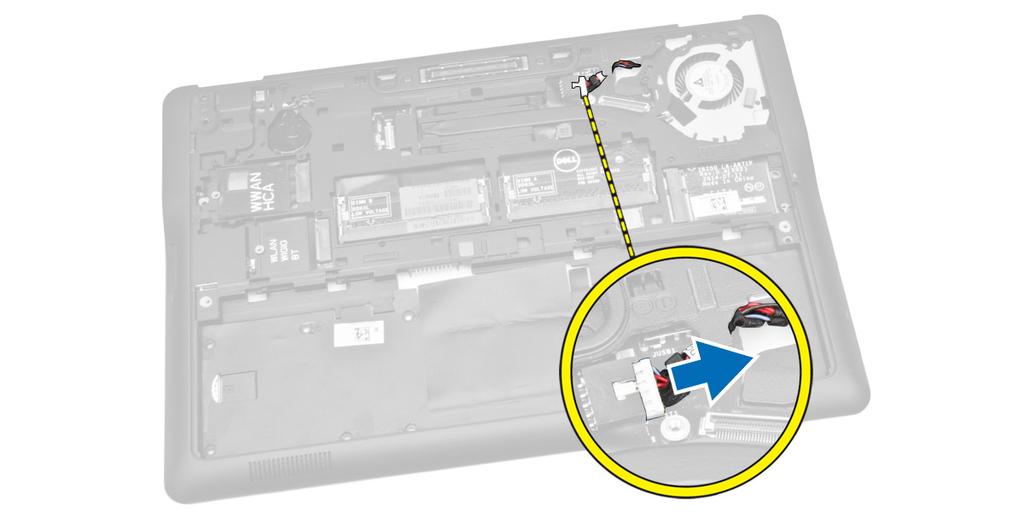 Instalowanie zestawu wyświetlacza 1 Umieść kable sieci WWAN, WLAN i kabel zestawu wyświetlacza w odpowiednich prowadnicach w ramie montażowej komputera i podłącz kable do odpowiednich złączy.