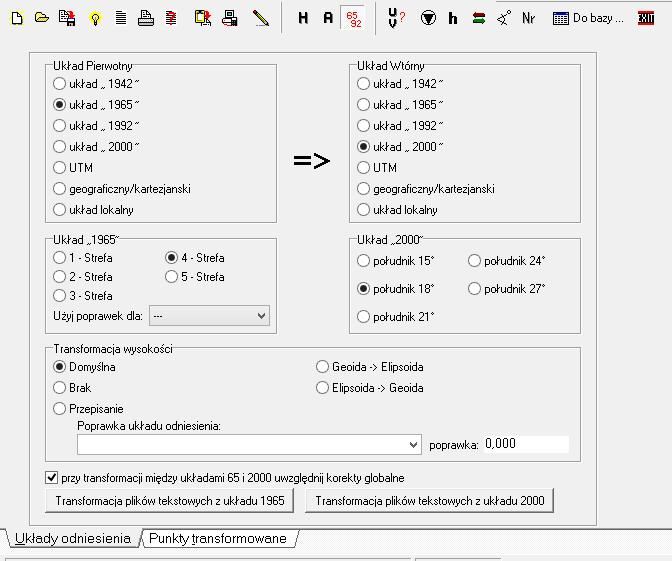 Należy podać numery punktów dostosowania (max 100 pkt.) z mapy (układ pierwotny) i nowe współrzędne tych punktów (układ wtórny). Wprowadzone dane można zapisać jako zadanie transformacji.