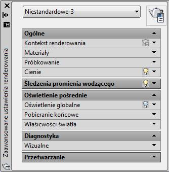 Narzędzia wizualizacji - AutoCAD 2013 PL 1 2 3 4 5 6 Na samej górze palety występuje lista zawierająca nazwane ustawienia renderowania, które są dostępne w rysunku (1).
