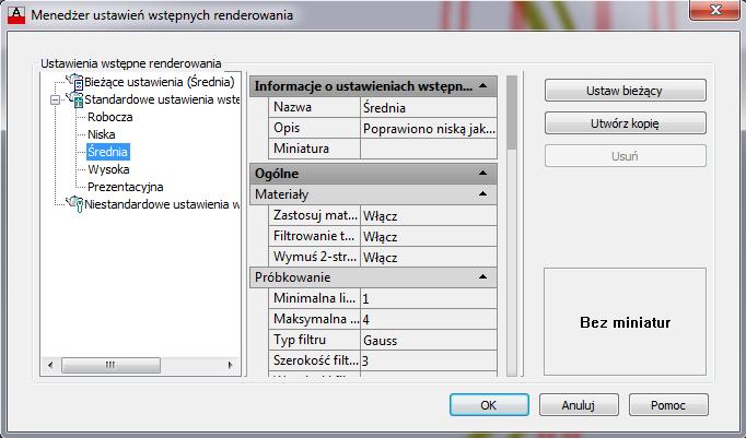 Narzędzia wizualizacji - AutoCAD 2013 PL 1 Otworzone zostanie okno dialogowe Menedżer ustawień wstępnych renderowania.