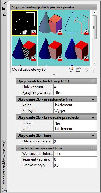 Style wizualizacji 2 1 Po zainstalowaniu programu AutoCAD 2013 PL w palecie jest dostępnych 10 stylów wizualizacji, które będziemy nazywali standardowymi: Model szkieletowy 2D Wyświetla model 3D w
