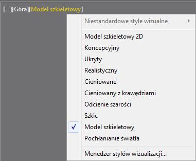 Narzędzia wizualizacji - AutoCAD 2013 PL Drugi nawias kwadratowy umożliwia sterowanie widokami. Kliknięcie zawartości drugiego nawiasu kwadratowego skutkuje rozwinięciem menu o postaci 6.