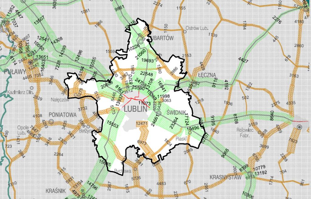 Rys. 7.12. Wyniki GPR 2015 w obszarze LOF. Układ drogowy w Lubelskim Obszarze Funkcjonalnym jest modernizowany i rozwijany.