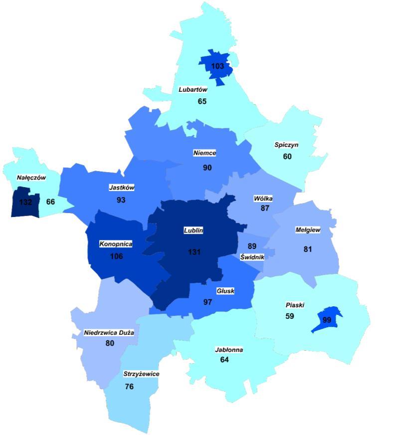 w bezpośrednim sąsiedztwie Lublina. W okresie ostatnich 8 lat w każdym mieście i gminie wystąpił wzrost wskaźnika ilości podmiotów gospodarczych na 1000 mieszkańców. Rys. 4.6.