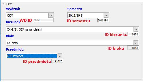 1. Filtr Ustawiamy tutaj parametry naszego przedmiotu którego nie widać w Ekstazjuszu. Pierwszym parametrem jest wybór Semestru na którym powinien pojawić się przedmiot.