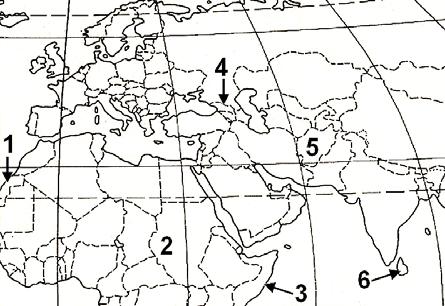 kręgowa Komisja Egzaminacyjna w Gdańsku adanie 34 Na mapie zaznaczono numerami 1 6 miejsca wybranych konfliktów zbrojnych. Wpisz numer, którym oznaczono na mapie miejsce występowania danego konfliktu.