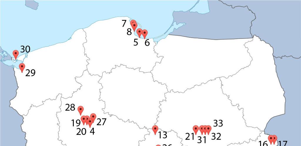 Rys. 3.6. Lokalizacja terminali intermodalnych w Polsce Źródło: opracowanie własne na podstawie danych Urzędu Transportu Kolejowego (stan na 15.10.2017).