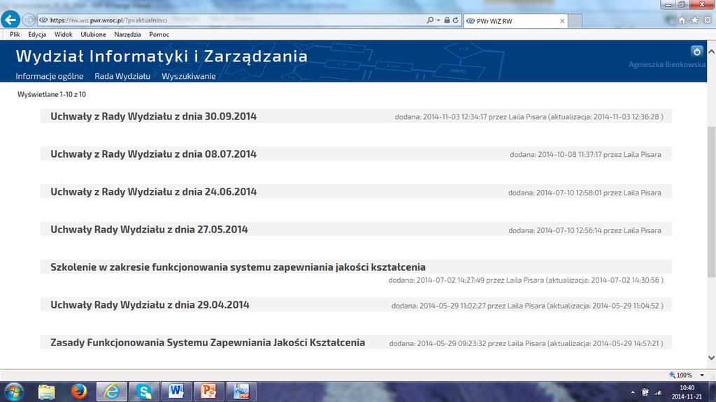 4. Inne działania r.a. 2014/15 4.7. Posiedzenie Konwentu Wydziału Informatyki i Zarządzania 21 maja 2015 r.