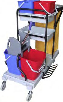 WÓZEK SERWISOWY MAXI Zestaw sprzątający składający się z wózka dwuwiaderkowego z prasą, kuwet i uchwytów na mopy, akcesoria i środki chemiczne.