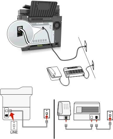 Faksowanie 96 Podłączenie do różnych gniazd ściennych Aby połączyć: 1 Podłącz jeden koniec kabla telefonicznego dostarczonego z drukarką do portu drukarki.