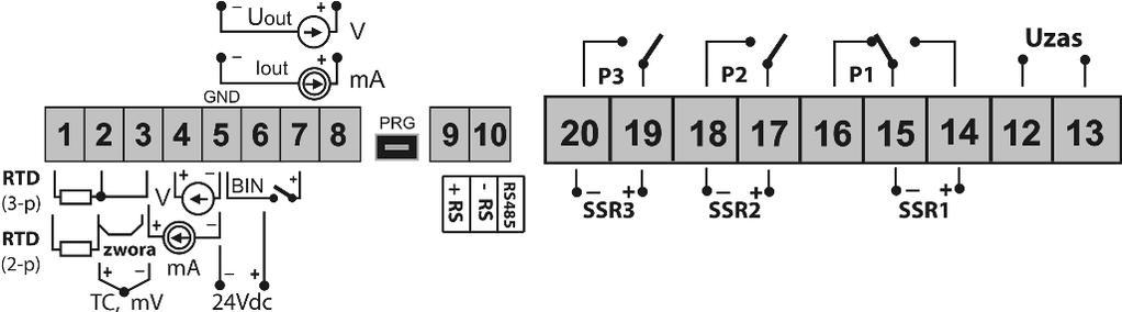 transmisji MODBUS-RTU), w AR602 interfejs RS485 wyklucza wyjście analogowe oraz wejście binarne (zgodnie z kodem zamówienia) 12-13 wejście zasilające 230Vac lub 24Vac/dc 14-15-16 wyjście przekaźnika