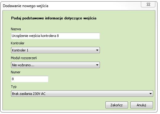 wybieramy do którego kontrolera należy wejście moduł rozszerzeń zostawiamy jako nie wybrano ustawiamy numer wejścia (1-8) ustawiamy odpowiedni typ urządzenia