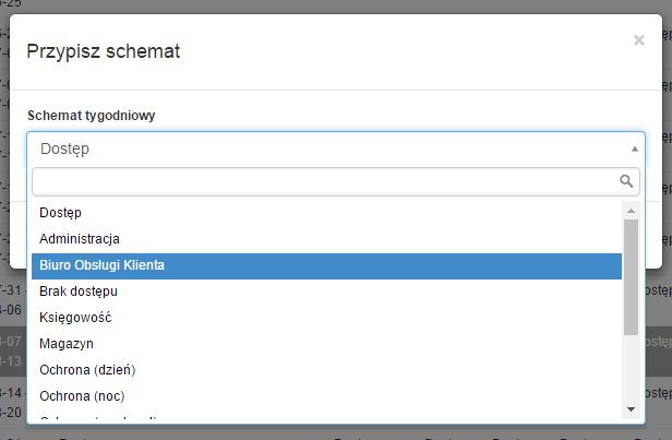 46 ACCO-WEB SATEL 2. Wyświetli się lista wszystkich zdefiniowanych tygodniowych schematów dostępu. Wybierz jeden ze schematów i zatwierdź klikając na. 3.