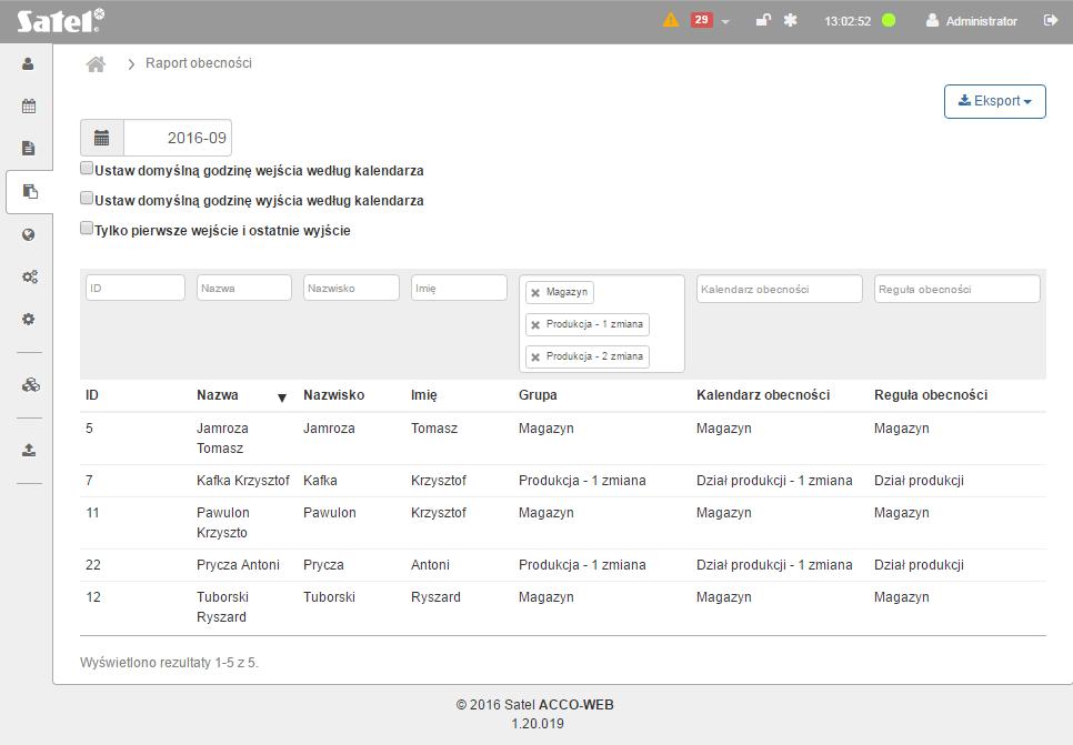 56 ACCO-WEB SATEL Rys. 48. Przykładowa lista użytkowników przefiltrowanych zgodnie ze zdefiniowanymi kryteriami na stronie Raport obecności. 3.6.2.