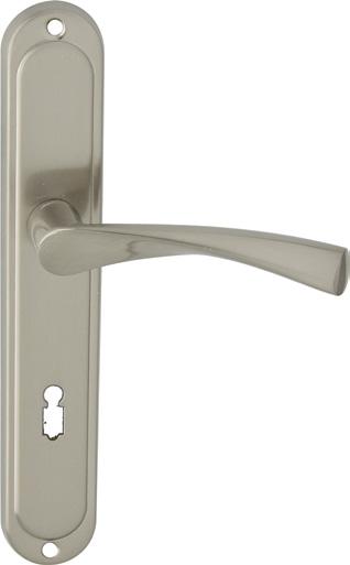 KLAMKA drzwiowa na długim szyldzie w kolorze satyna z przeznaczeniem do stosowania do drzwi wewnętrznych. Konstrukcja metalowa z mechanizmem sprężyny cofającej, do trzpienia kwadratowego 8mm.