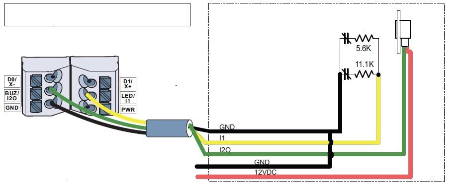 czujnika stanu drzwi oraz przycisku wyjścia do czytnika iosmart do portu RS485 (Com2) kontrolera KT-1 lub KT400(R01) UWAGA: Jeżeli jako kabla używasz czteroparowej skrętki