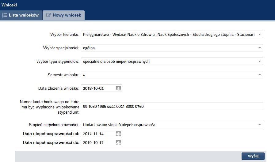 Uzupełnianie danych dla wniosku o przyznanie stypendium specjalnego dla osób niepełnosprawnych: Poniżej znajduje się prezentacja wypełnionego wniosku.