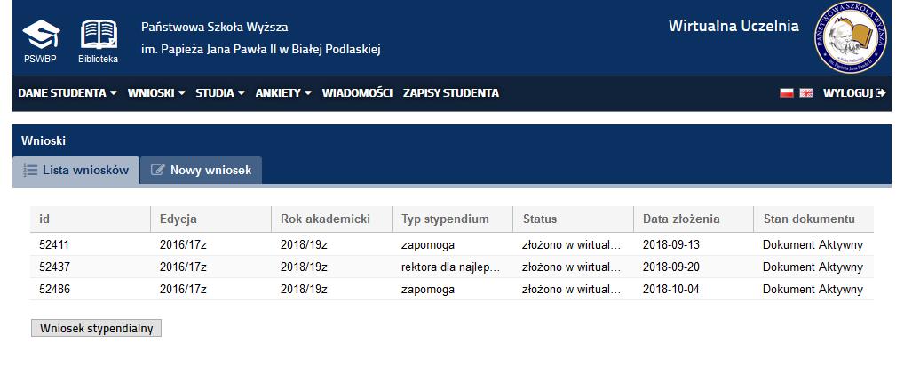 wskazanej pozycji menu ukaże się następujący widok: Widok ten zawiera informacje o złożonych wnioskach przez Studenta.