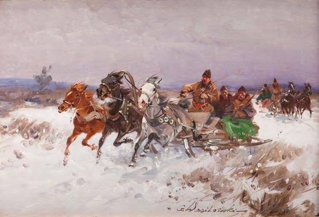 57 Czesław Wasilewski (1875-1946) W drodze na polowanie olej/płótno, 35 x 51 cm