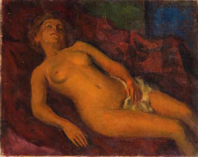 95 Leonid Frechkop (1897-1982) Żeński akt leżący na czerwonej tkaninie olej/płótno, 32 x 40 cm