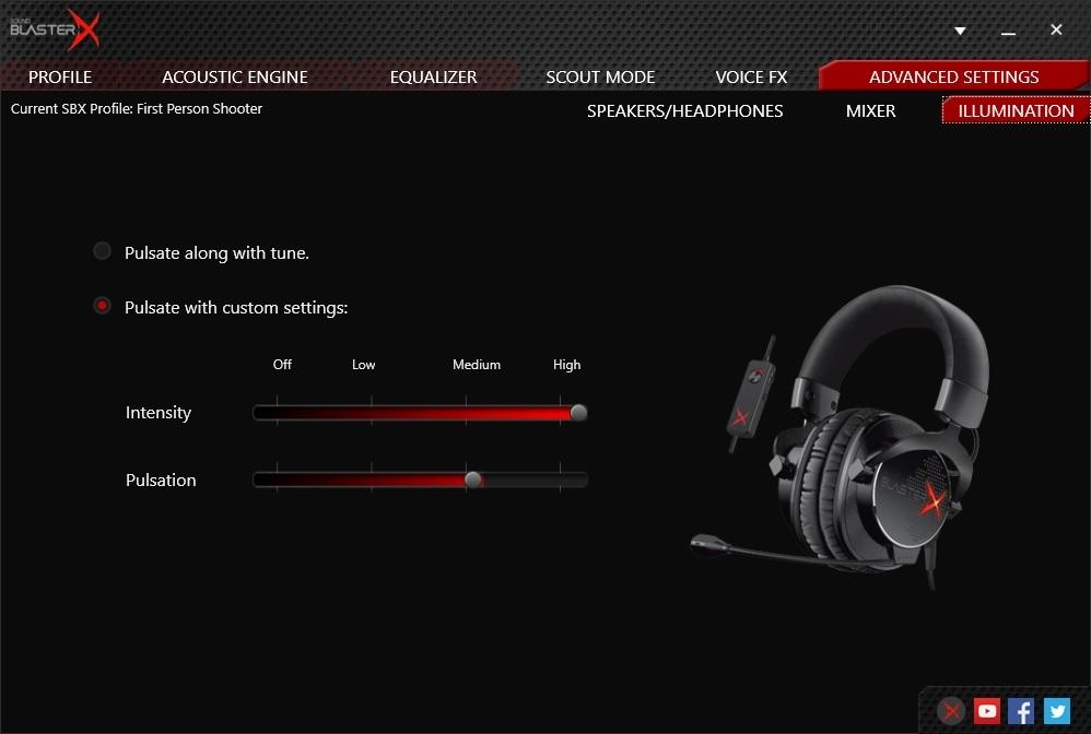 Ustawienia iluminacji Dopasuj efekty intensywności i pulsacji logo "X" na nausznikach Twojego Sound BlasterX H7. 1.