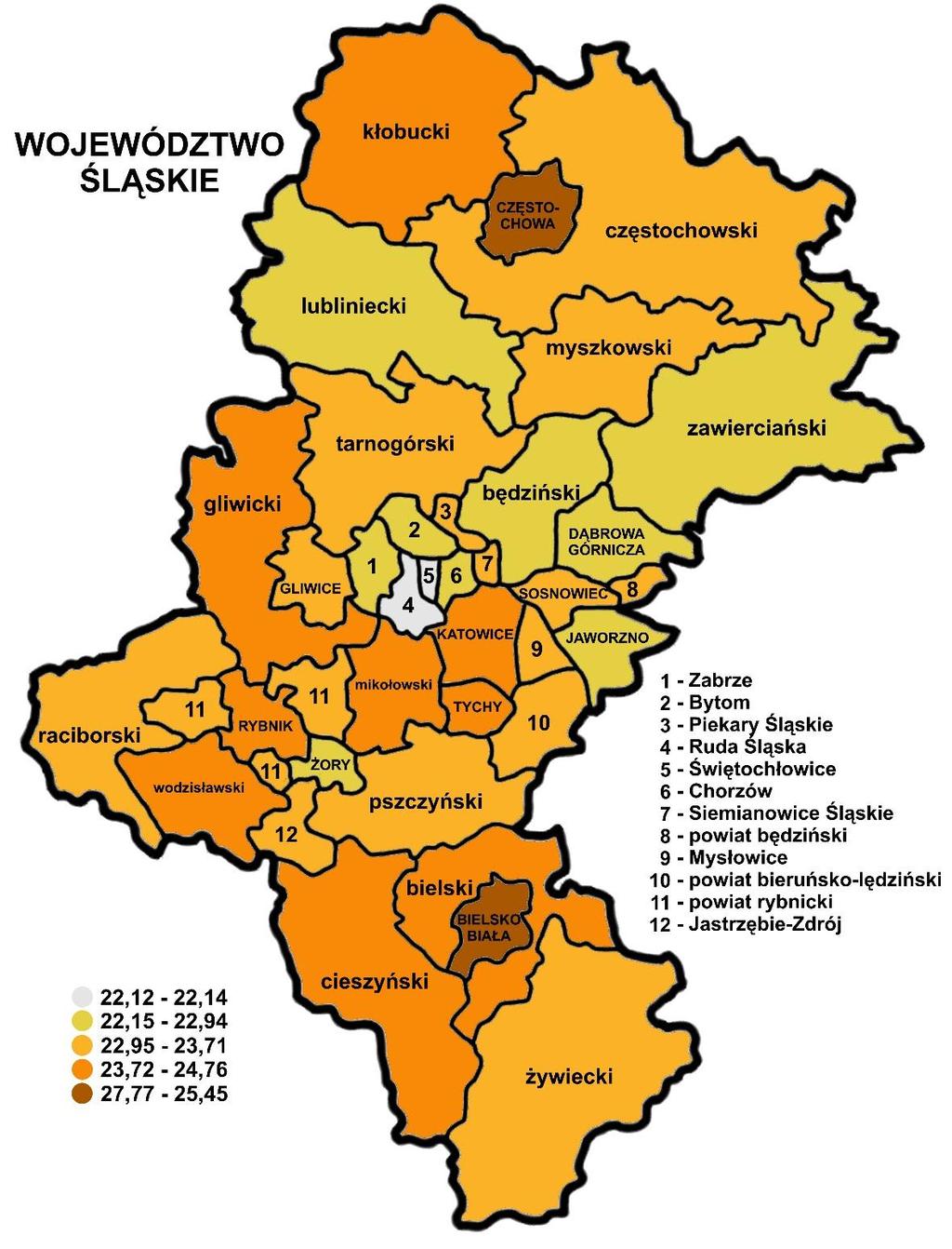 7. WYNIKI UCZNIÓW ROZWIĄZUJĄCYCH STANDARDOWY ZESTAW ZADAŃ EGZAMINACYJNYCH W POWIATACH WOJEWÓDZTWA ŚLĄSKIEGO W celu uporządkowania średnich wyników sprawdzianu zastosowano pięciostopniową skalę