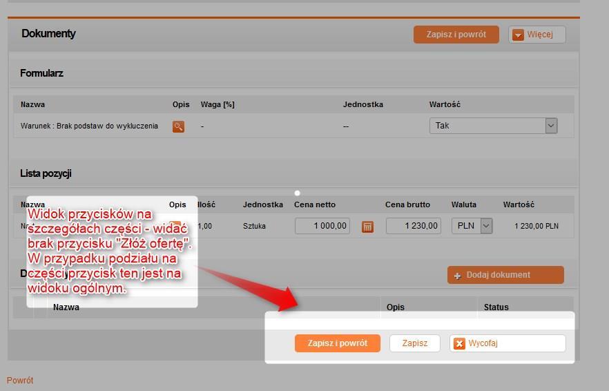 Po wejściu na szczegóły części należy wypełnić obowiązkowe pola a następnie kliknąć w przycisk Zapisz (w przypadku tej akcji zostajemy na danym widoku oferty) lub Zapisz i powrót (w przypadku tej
