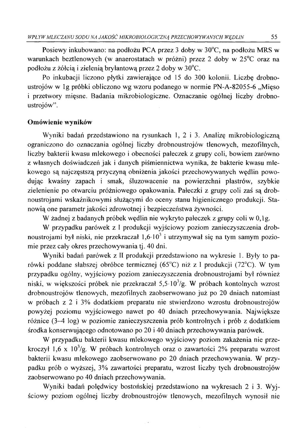 WPŁYW MLECZANU SODU NA JAKOŚĆ MIKROBIOLOGICZNĄ PRZECHOWYWANYCH WĘDLIN 55 Posiewy inkubowano: na podłożu PCA przez 3 doby w 30 C, na podłożu MRS w warunkach beztlenowych (w anaerostatach w próżni)