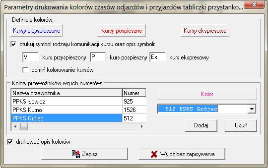 Str.20/55 Dla zaznaczonego w tej tabeli przewoźnika przyciskiem Kolor wyświetla się okienko wyboru koloru. Wybrany kolor jest pokazany jako kolor czcionki z opisem przycisku Kolor.