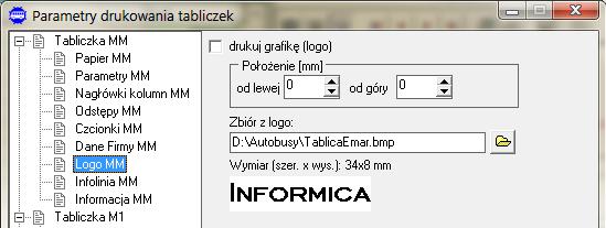 W ramce Nazwa przystanku z tabliczką położenie wybiera się drukowanie nazwy przystanku wyśrodkowane względem pola zadruku lub w ustawionej wybierakiem odległości (w mm) od lewego marginesu. Rys.