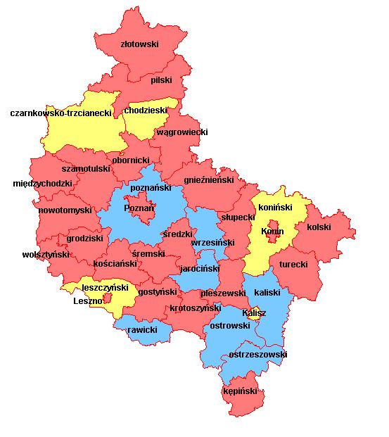 Mapa województwo wielkopolskie wyniki w powiatach (zdawalność %) sesja