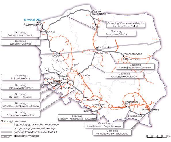 Rysunek 12: System gazociągów przesyłowych inwestycje GAZ SYSTEM SA do 2014 roku Źródło: Gaz System SA Wraz z rozwojem sieci przesyłowej należy się spodziewać rozbudowy sieci dystrybucyjnej gazu