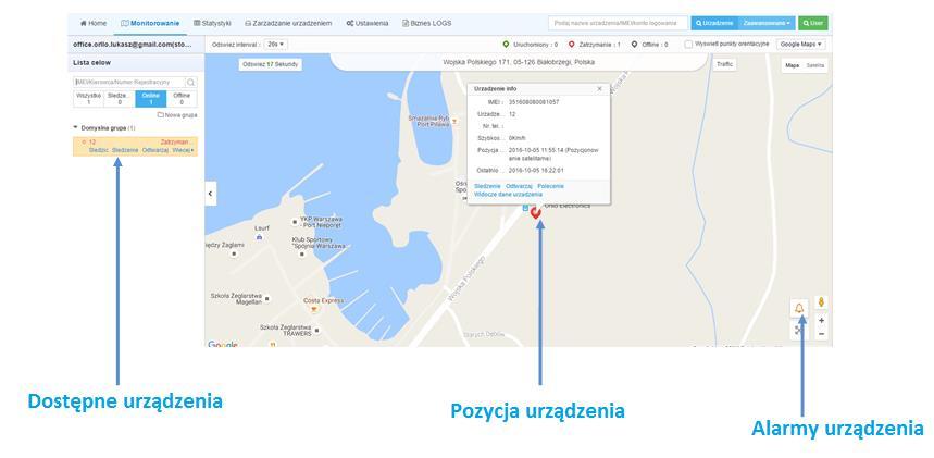 Śledzenie urządzenia: Urządzenie aktywne Online(1) Urządzenie nieaktywne Offline(1) - urządzenie w ruchu/pojazd z