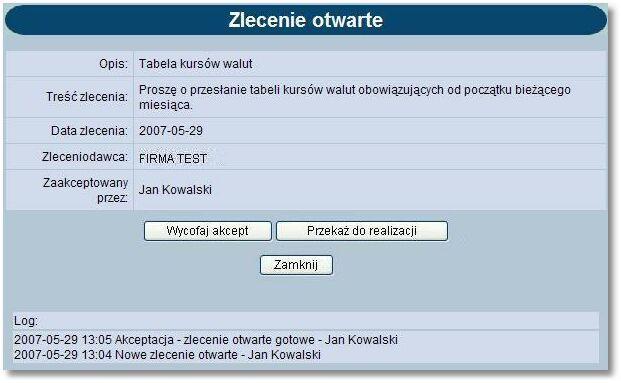 Rozdział 11 Zlecenia otwarte Dla każdego zlecenia wyświetlone są następujące informacje: Status - status zlecenia, czyli informacja o etapie realizacji (lista dostępnych statusów zostanie wyświetlona